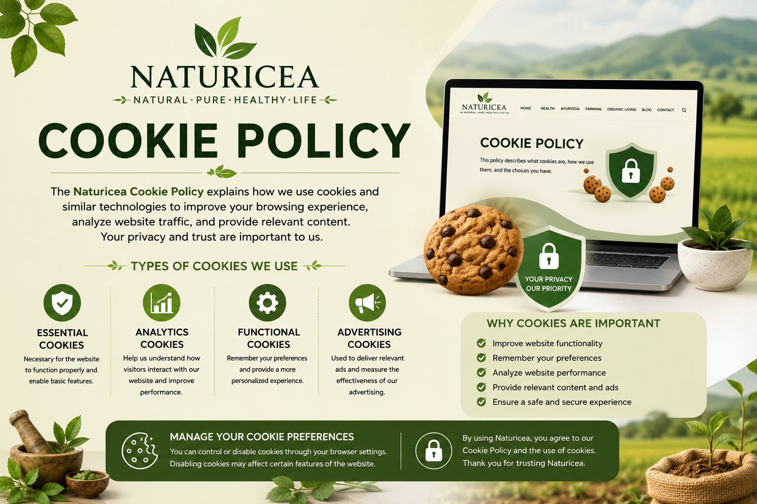 Naturicea Cookie Policy explaining website cookies, privacy, analytics, and user preferences