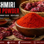 Premium Kashmiri Chili Powder with whole dried red chilies in a wooden bowl for cooking and spices