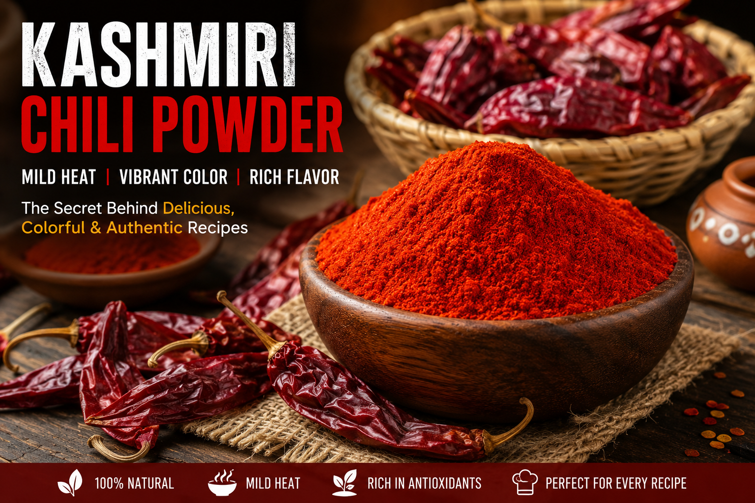 Premium Kashmiri Chili Powder with whole dried red chilies in a wooden bowl for cooking and spices