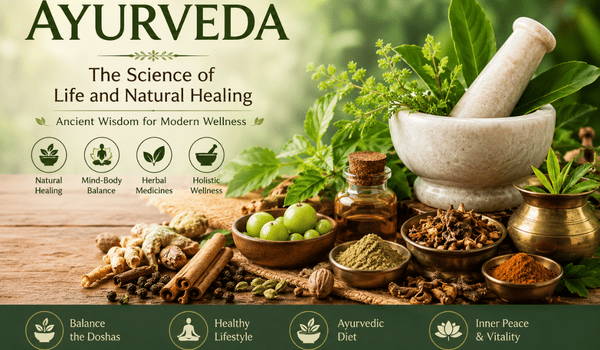 Ayurveda guide with Ayurvedic medicine herbs and natural wellness ingredients