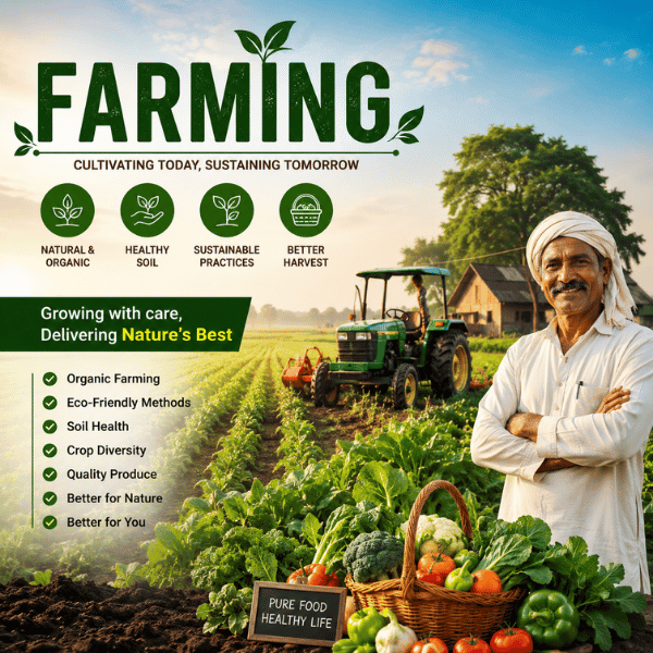 Farming guide with organic farming, sustainable agriculture, farmer, tractor and healthy crops