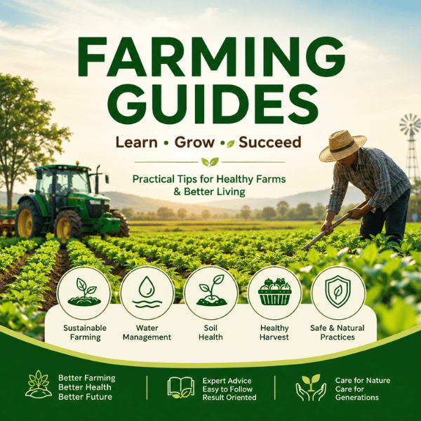 Farming Guides featuring sustainable agriculture, organic farming, healthy crops, tractor, and modern farming practices