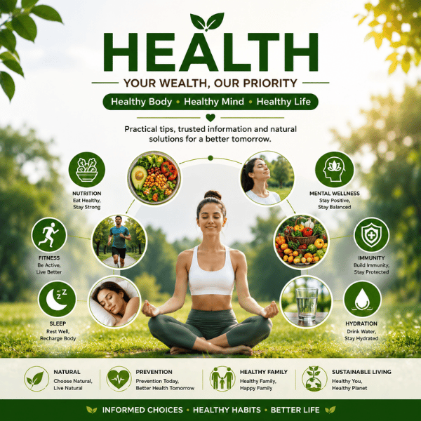 Health guide featuring healthy lifestyle, nutrition, fitness, wellness, mental health, and preventive healthcare