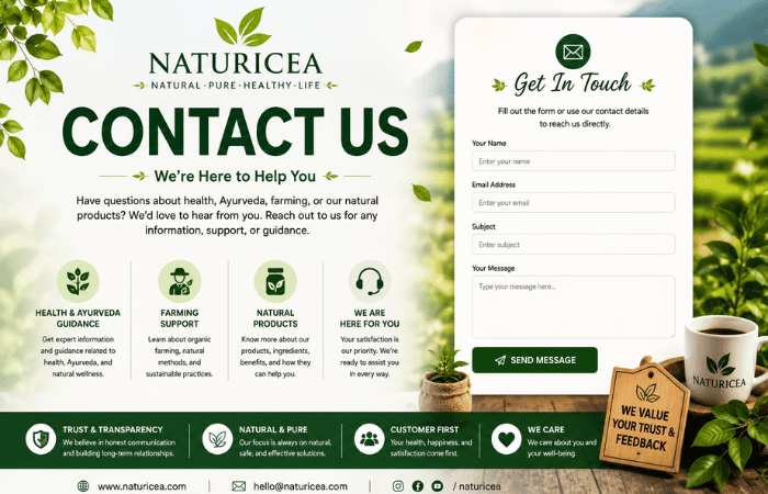 Contact Naturicea for health, Ayurveda, farming, and natural product guidance