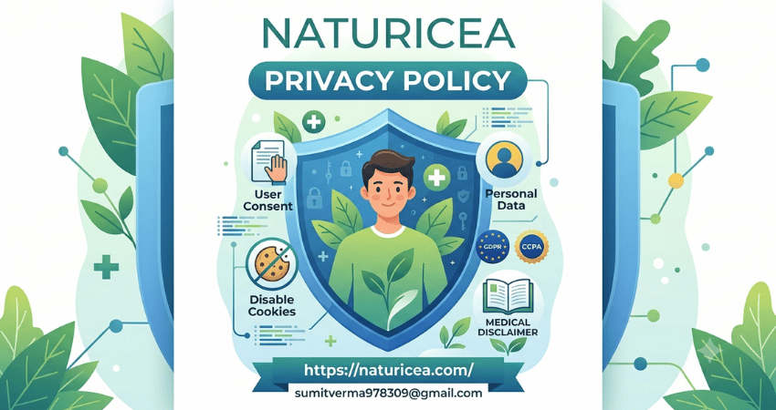 A modern digital illustration of the Privacy Policy for Naturicea health blog, featuring a friendly person in a secure blue shield surrounded by natural elements, lock icons, and GDPR/CCPA badges.