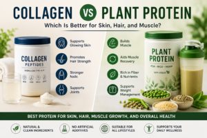 Collagen vs plant protein infographic comparing the best protein for skin and hair, muscle growth, and plant-based protein benefits.