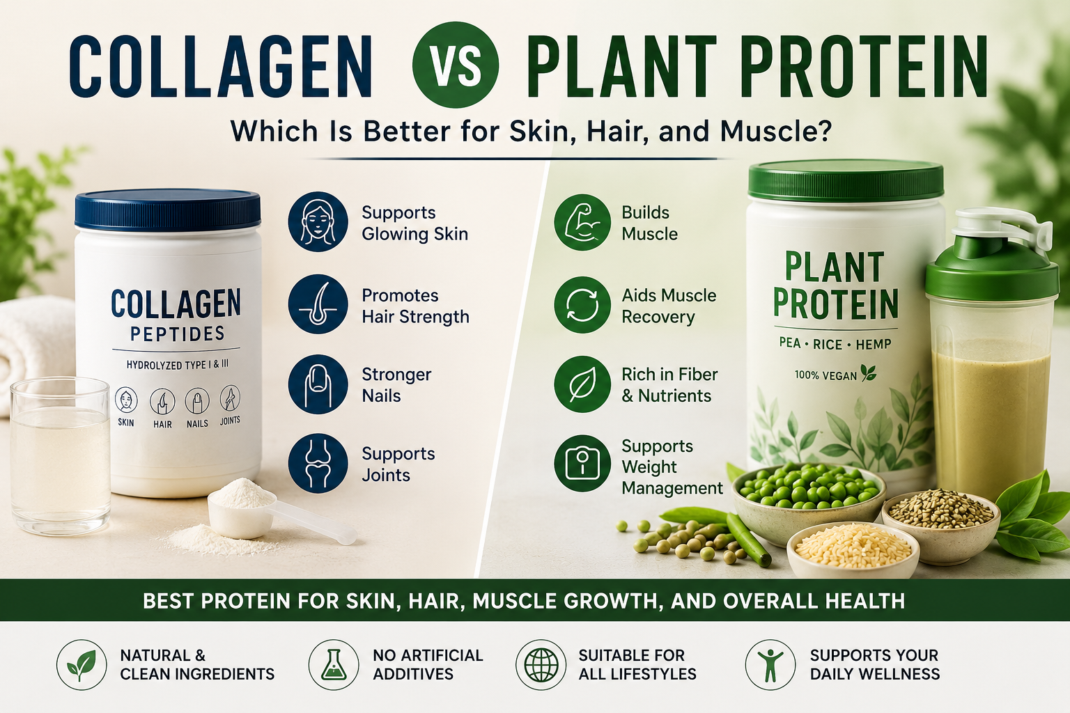 Collagen vs plant protein infographic comparing the best protein for skin and hair, muscle growth, and plant-based protein benefits.