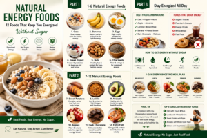 Natural energy foods infographic showing foods that keep you energized and support energy without sugar throughout the day.