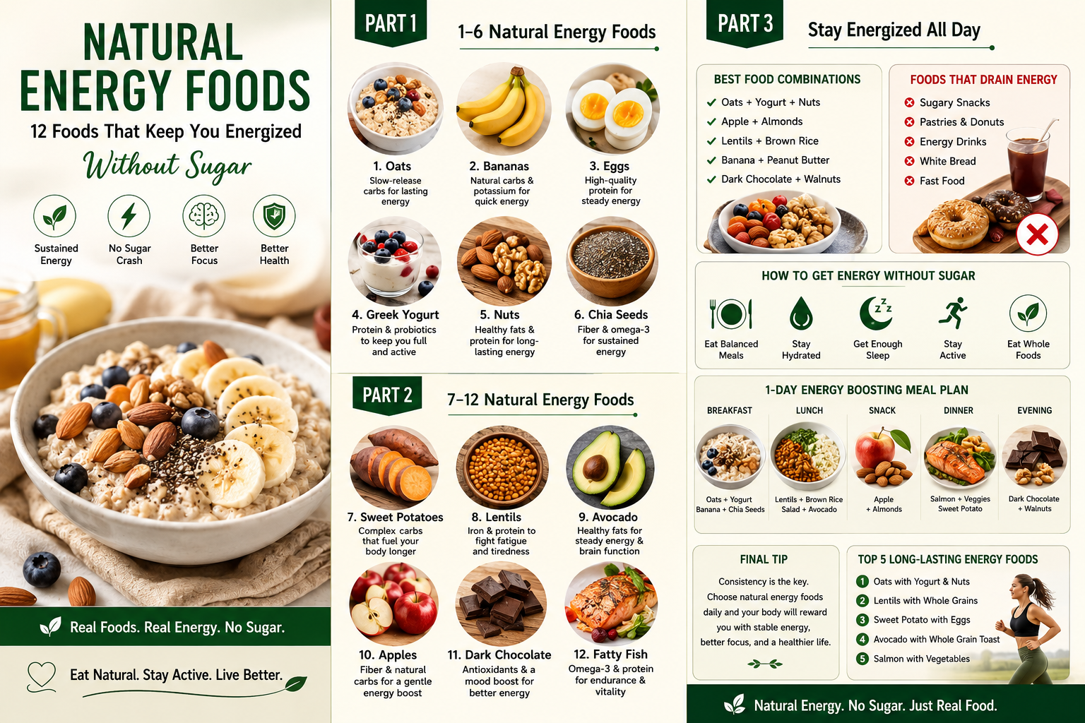 Natural energy foods infographic showing foods that keep you energized and support energy without sugar throughout the day.