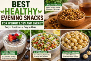 Best healthy evening snacks for weight loss and energy including roasted chana, Greek yogurt with chia seeds, sprout salad, and roasted makhana