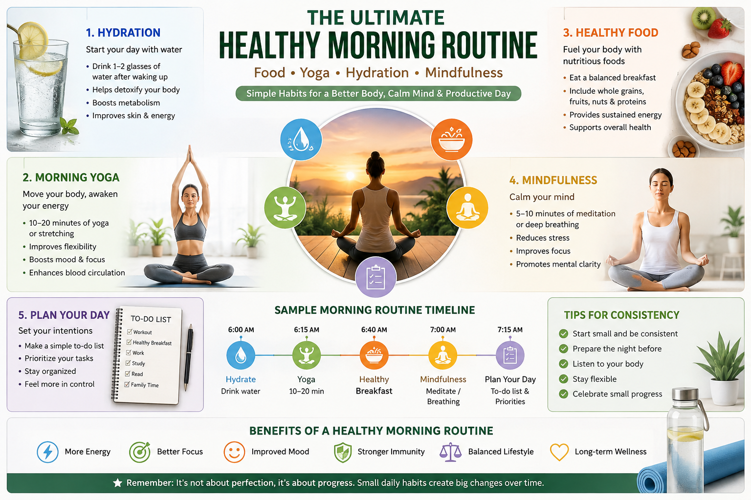 Healthy morning routine with hydration, yoga, healthy food, mindfulness and daily planning