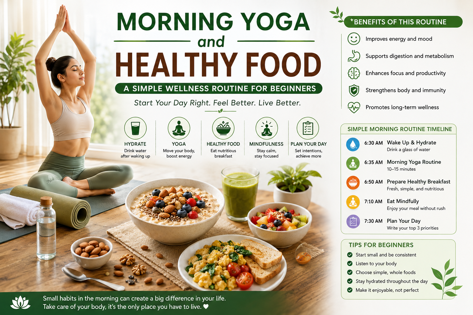 Morning yoga and healthy food routine for beginners with yoga, healthy breakfast, hydration and mindfulness