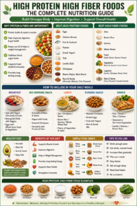 High protein high fiber foods guide with healthy protein, fiber-rich foods, and balanced meal ideas