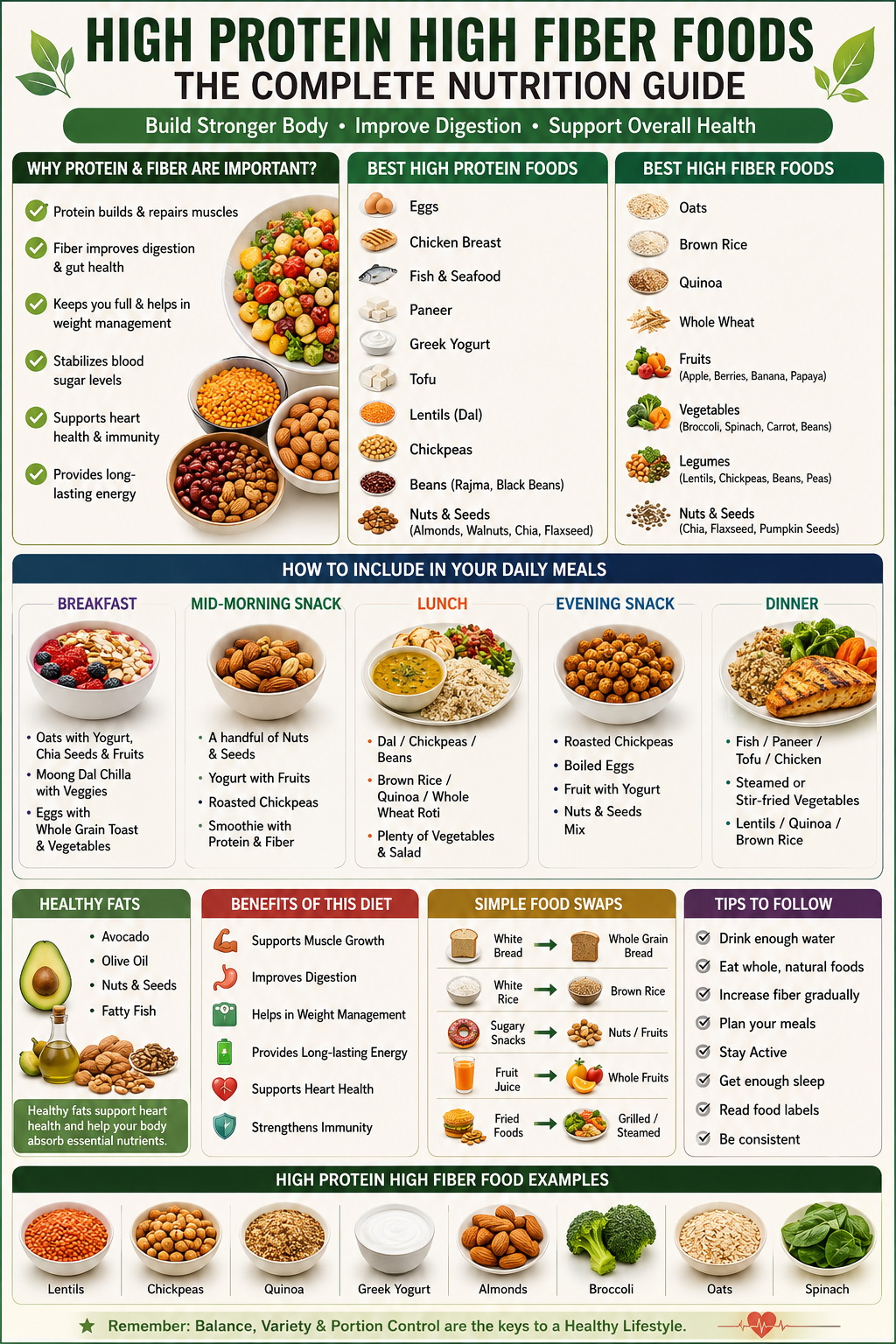 High protein high fiber foods guide with healthy protein, fiber-rich foods, and balanced meal ideas