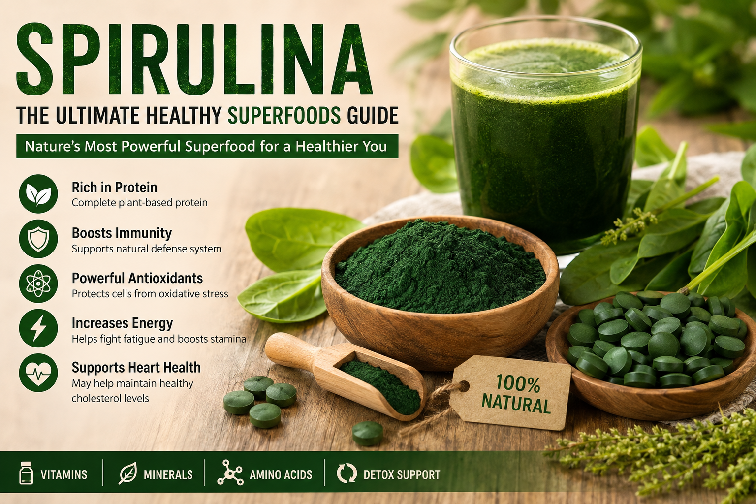 Spirulina Superfoods Guide with Spirulina Powder, Tablets, Smoothie and Health Benefits