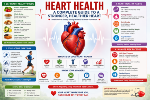 Heart health guide showing heart healthy foods, exercise, healthy habits, and ways to support healthy arteries