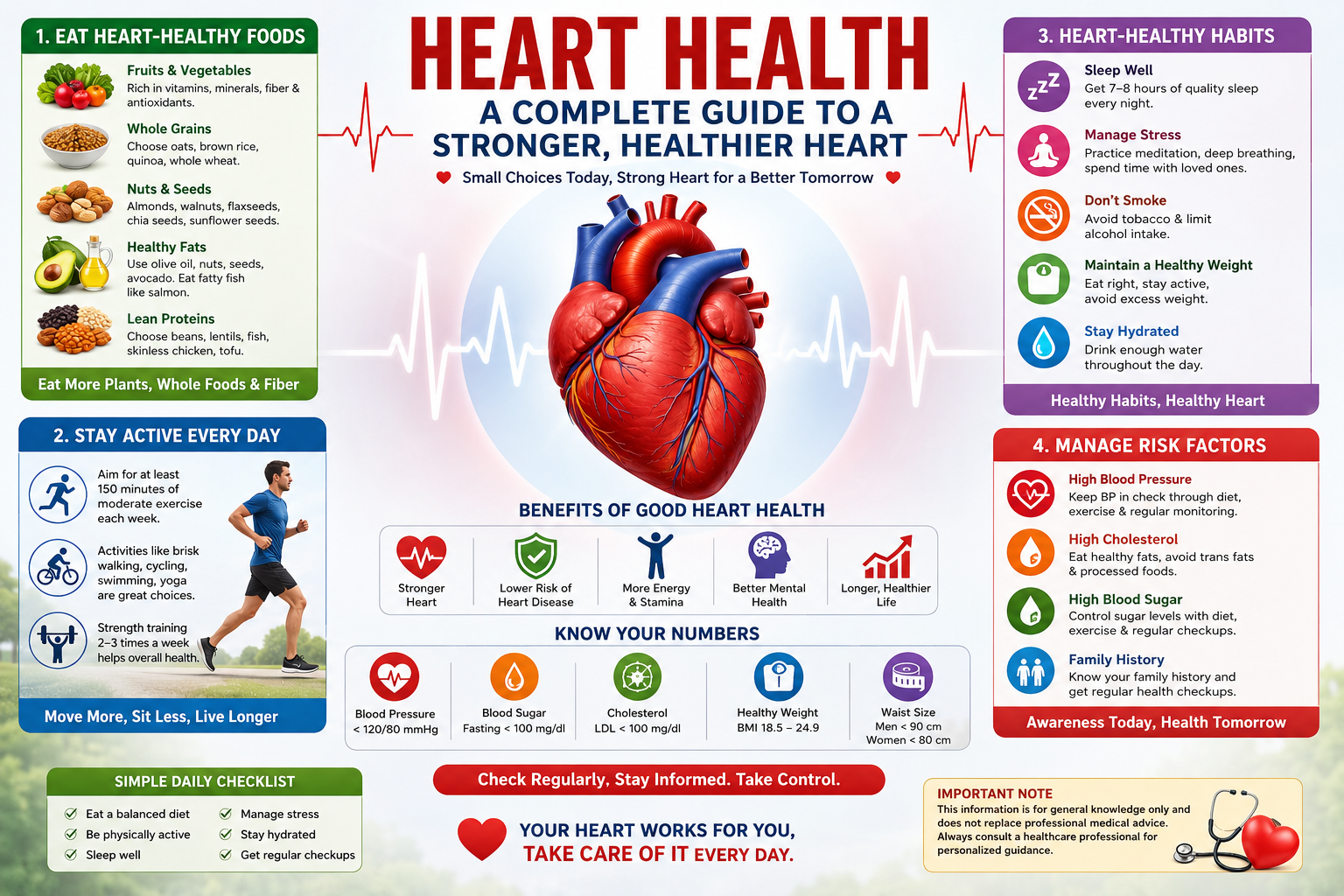 Heart health guide showing heart healthy foods, exercise, healthy habits, and ways to support healthy arteries